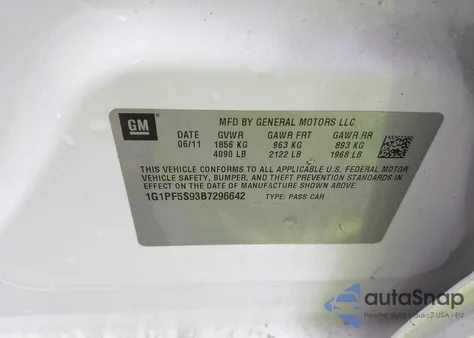 2011 Chevrolet Cruze Lt z USA, uszkodzony, nr VIN 1G1PF5S93B7296642